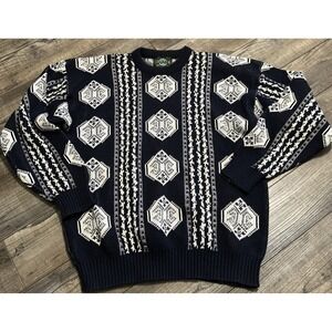 Vintage 90s Jantzen Abstract Knit Sweater L Navy Blue And White